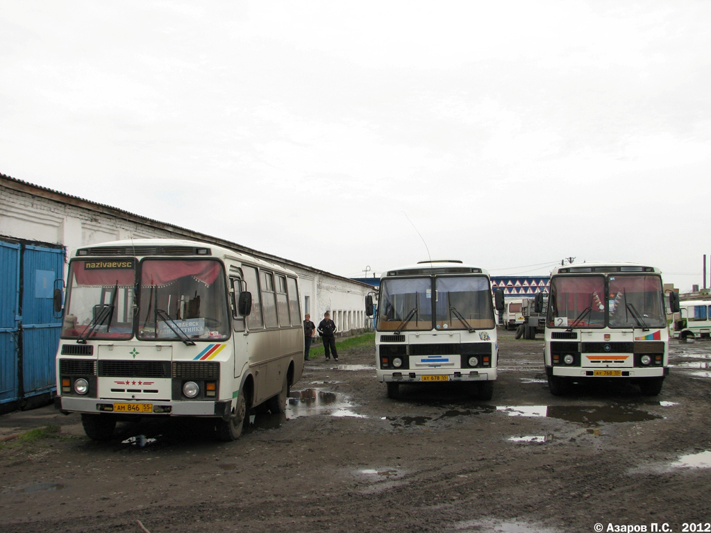 Omsk region, PAZ-3205 (00) Nr. 234; Omsk region, PAZ-32053 Nr. 14; Omsk region, PAZ-3205 (00) Nr. 7; Omsk region — Bus depots