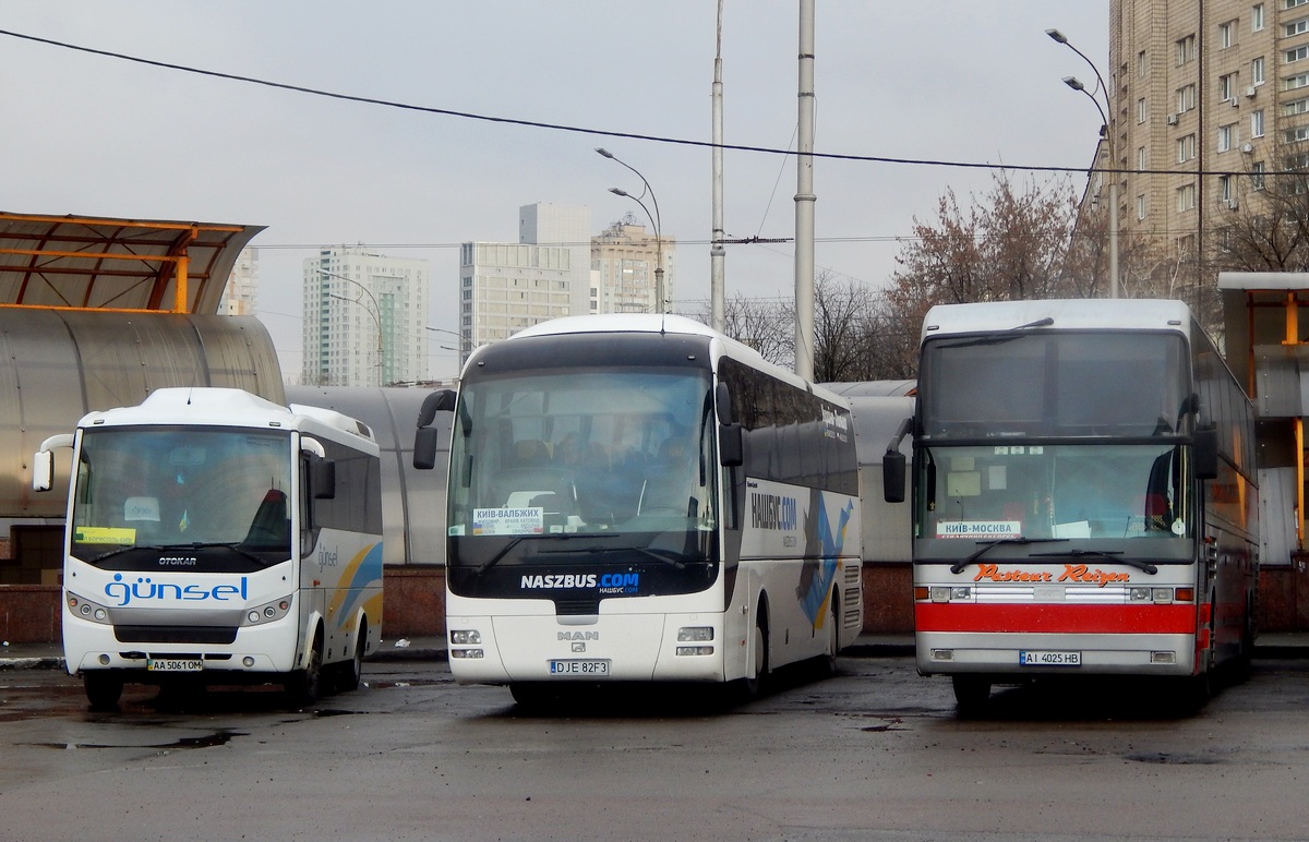 Kijevas, Otokar Sultan 140S Nr. AA 5061 OM; Lenkija, MAN R07 Lion's Coach RHC414 Nr. DJE 82F3; Kyiv region, EOS 233 Nr. AI 4025 HB