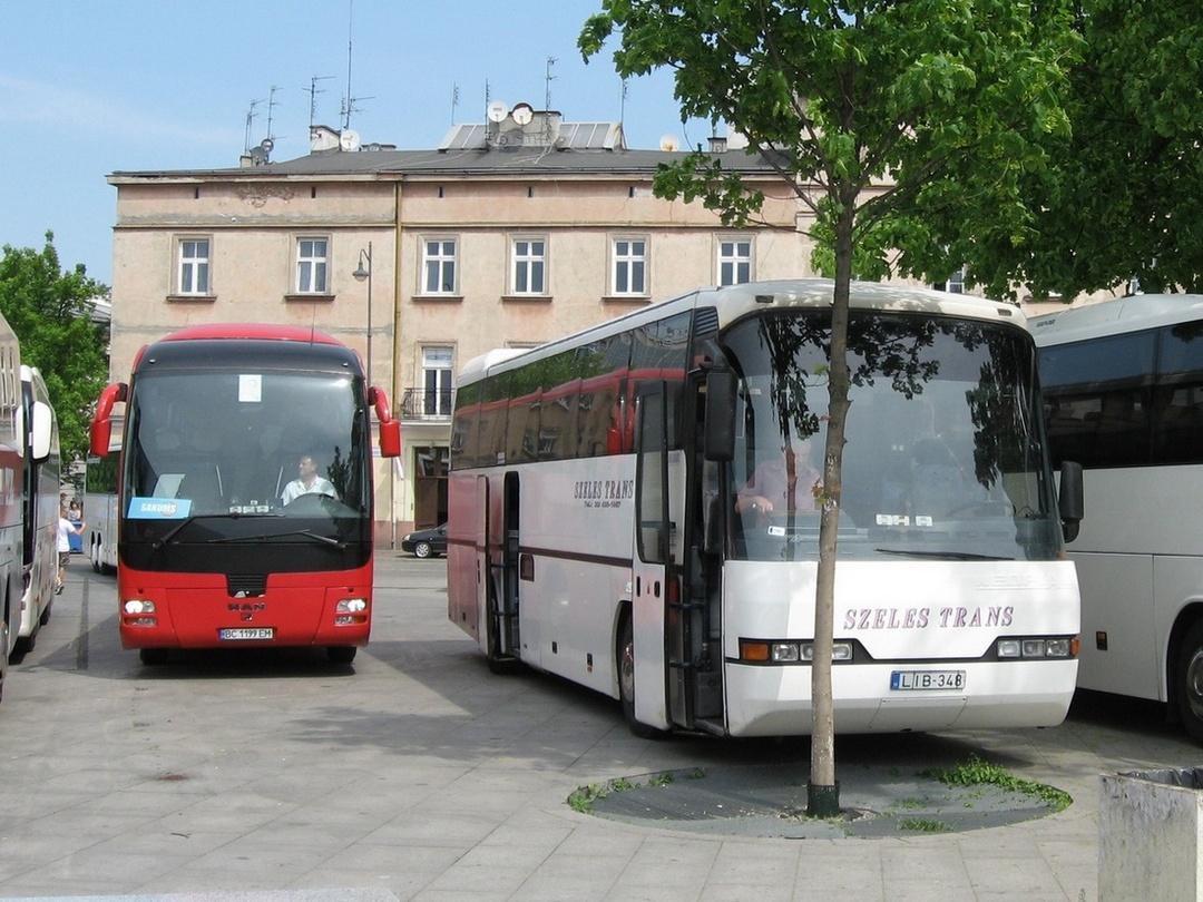 Lvovská oblast, MAN R08 Lion's Top Coach RHC464 č. BC 1199 EM; Maďarsko, Neoplan N316SHD Transliner č. LIB-348